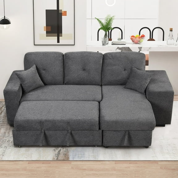 95" W Reversible Sectional Sleeper Couch with Chaise Left/Right Hande, 2 in 1 Pull-Out Sofa Bed with Side Shelf and 2 Stools, L-Shape Velvet Corner Sofa & Couches with Chaise