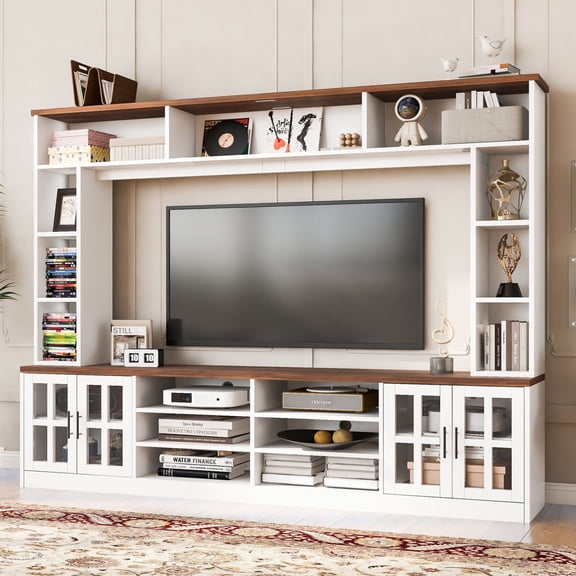 95"W Wall Unit TV Stand with Storage for TVs up to 80", Modern Wall Unit Entertainment Center with Cabinets and Bookshelves for Living Room, White
