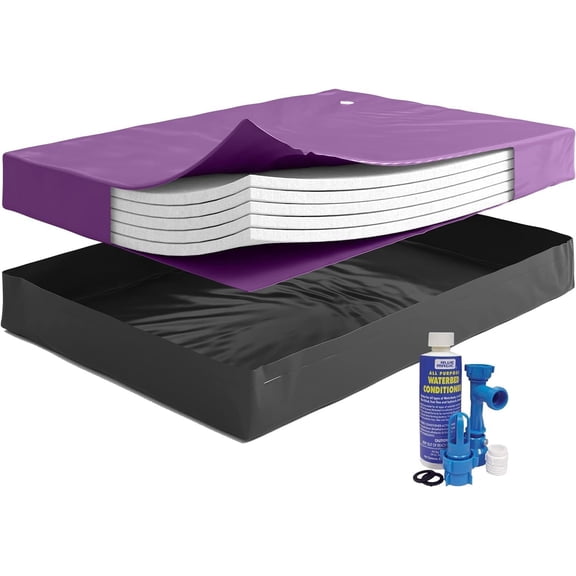 95% Waveless Hardside Waterbed Mattress Bundle with Five Wave Reducing Fiber Layers, Liner, Fill/Drain Kit & Conditioner, Frame NOT Included, Size Queen