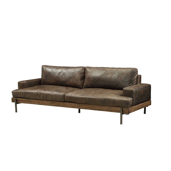 Sofa In Distressed Chocolate Top Grain Leather, Oak Wood Trim - Top Grain Leather, Rubber Wood, Solid Wood, Foam, Metal
