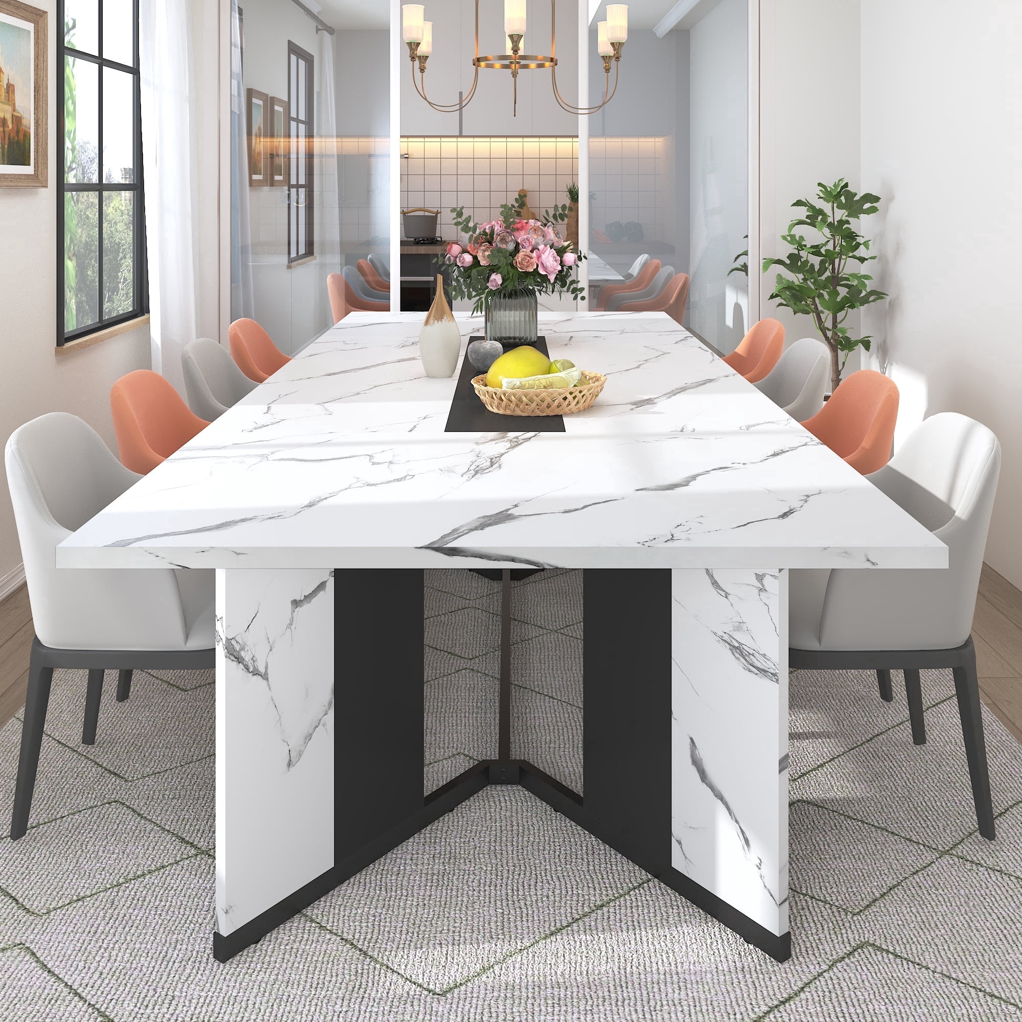 95 inch Large Rectangular Dining Table for 10-12 People, Dining Table with Marble-Color Wood Waterproof Tabletop and Adjustable Leg, 7.9ft Luxurious Family Dinner Table for Office Kitchen Living Room