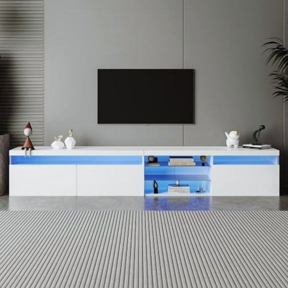 95 inch TV Stand, Modern Media Console with LED Lights and Glass Shelves, Large TV Cabinet for TVs up to 105", Ample Storage, White