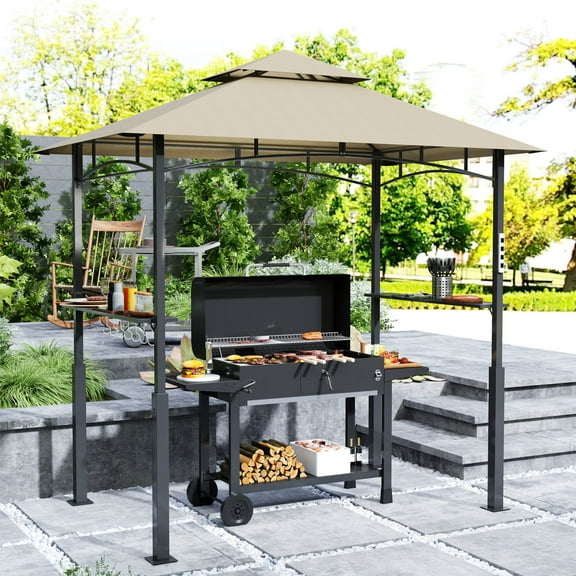 95"x58" Grill Gazebo, 2-Tier Outdoor BBQ Gazebo with LED light and 8 Hooks, Patio Canopys Tent with Built-in Bottle Opener and Side shelves for Backyard Garden Poolside, Khaki