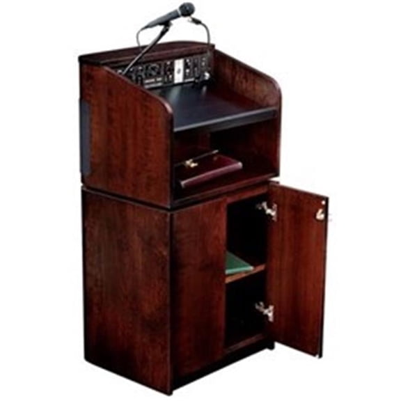 950-901-MY-WT-LWM-5 Tabletop & Base Combo Sound Lectern With Wireless Handheld Mic - Mahogany On Walnut