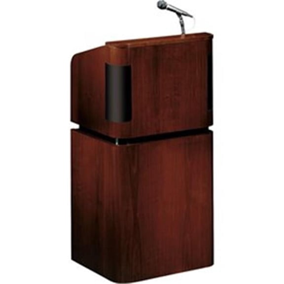 950-901-MY-WT-LWM-6 Tabletop & Base Combo Sound Lectern With Tie Clip & Lavalier Wireless Mic - Mahogany On Walnut