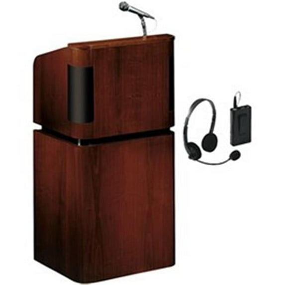 950-901-MY-WT-LWM-7 Tabletop & Base Combo Sound Lectern With Headset Wireless Mic - Mahogany On Walnut