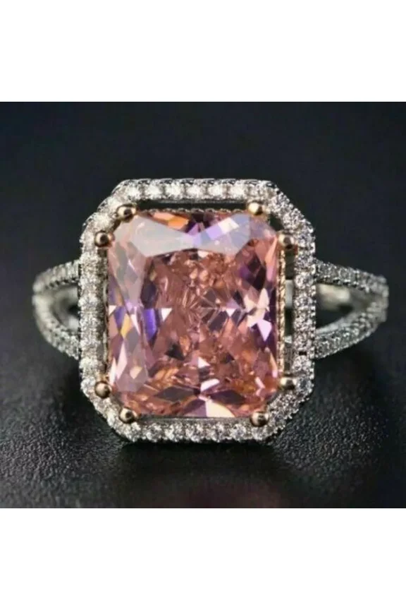 950 SILVER 2.75CT EMERALD CUT LAB CREATED PINK SAPPHIRE HALO ENGAGEMENT RING