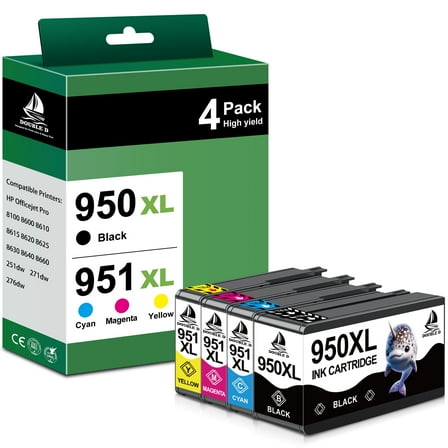 950XL and 951XL Ink Cartridges Compatible for HP 950 and 951 Ink Cartridges for Officejet Pro 8100 8600 Printer (4-Pack, Black Cyan Magenta Yellow）