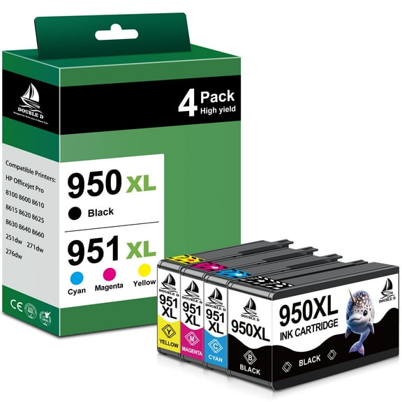 950XL and 951XL Ink Cartridges Compatible for HP 950 and 951 Ink Cartridges for Officejet Pro 8100 8600 Printer (4-Pack, Black Cyan Magenta Yellow）