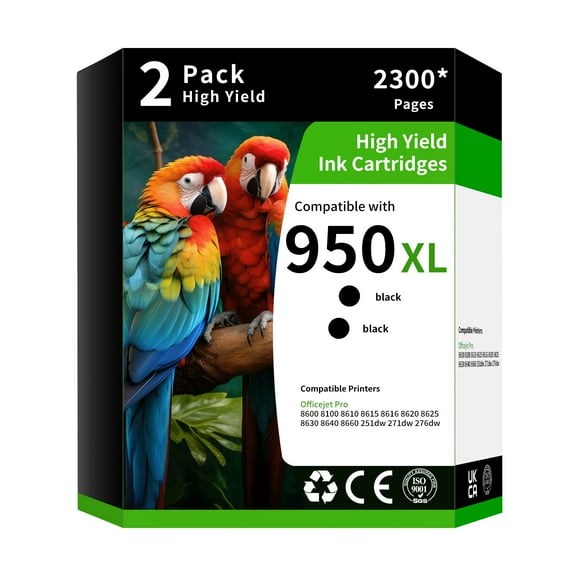 950XL Ink Cartridge Combo Pack Compatible Replacement for HP 950 to Use with HP OfficeJet Pro 8600 8610 8615 8620 8625 8100 8630 8660 276DW 251DW (2 Pack, Black)
