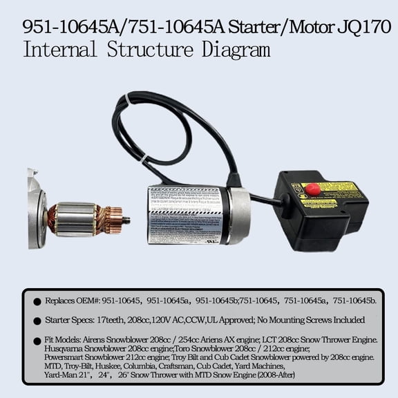951-10645 751-10645 Electric Starter Motor JQ170 for Husqvarna Ariens Troy-Bilt MTD Cub-Cadet LCT 951-10645A 751-10645A Snow Blower/Thrower 208cc 254cc Engine