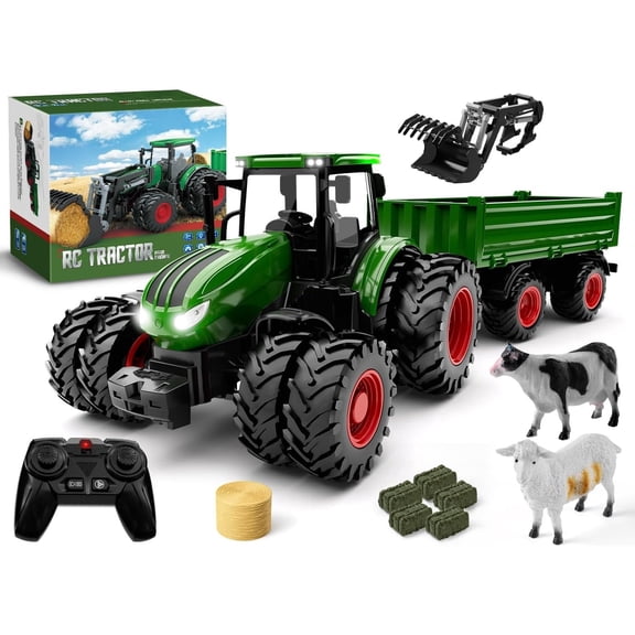 Remote Control Farm Tractor with Trailer for Kids, 1:24 RC Tractor Toy, Metal Hood, Front Loader, 8 Rubber Tires, Includes Hay Bale and Animal Figures, Gifts for Kids Ages 3-12