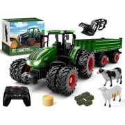 Remote Control Farm Tractor with Trailer for Kids, 124 RC Tractor Toy, Metal Hood, Front Loader, 8 Rubber Tires, Includes Hay Bale and Animal Figures, Gifts for Kids Ages 3-12