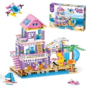 VEAIS Friends Beach Villa STEM Creative Vacation Cabin Building Set 955 Pieces with Helicopter Sailboat Yacht for Girls 6-12 Years Old