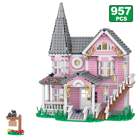 958pcs City Street View Series Pink Castle Apartments Model Building Blocks MOC Kitten Windmill Bricks Creative Toys Girls Gifts