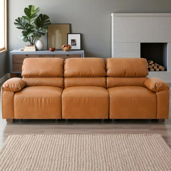 95Inches 3-Seater PU Faux Leather Sofa Comfy Sofas Couch with Extra Deep Seats, Wide Arm and Wood Legs Modular Modern Mid-Century Couches for Living Room, Office, Apartment,Easy to Assemble, Brown