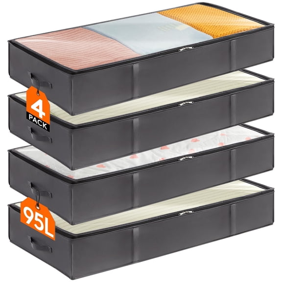 95L 4 Pack Under Bed Storage Containers, Large Capacity Blanket Storage Bags with Reinforced Handle, Organization and Storage for Comforters, Sheets, Clothes, Bedroom, College Dorm, Grey