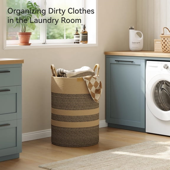 95L Striped Laundry Hamper with Leather Handles,Large Foldable Laundry Basket for Clothes,Cotton Rope Storage Bin for Blankets,Woven Clothes Basket for Bedroom,Dark Brown Stripes