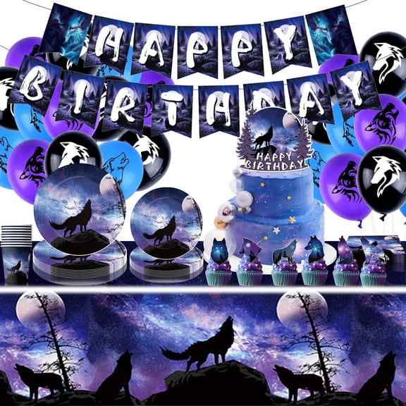 95Pcs Wolf Party Supplies Serves for KKS110 Guests, Wolf Plates Napkins Paper Cups Tablecloth Banner Balloons Cake Toppers for Boys Girls for Galaxy Wolf Birthday Party Decorations