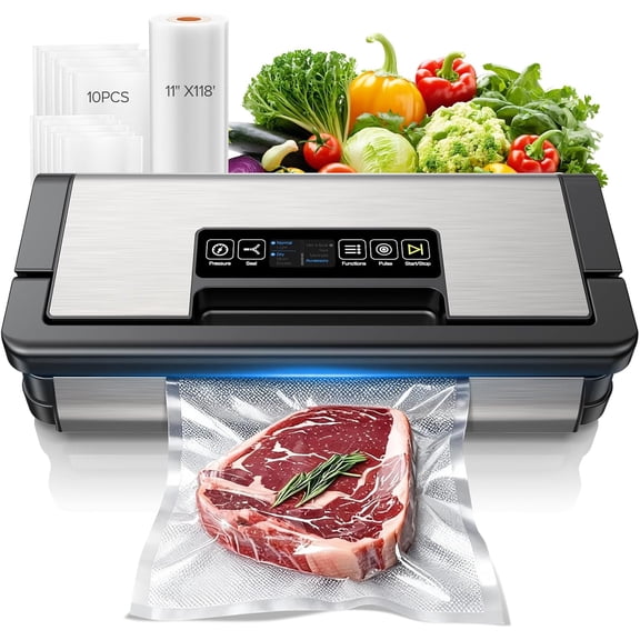 95kPa Vacuum Sealer Machine Fully Automatic Food Sealer with Touch Display 10-in-1 Functions and Powerful Sealing System with Double Heat Seal Easy-Lock Handle Built-in Cutter Deep Gray