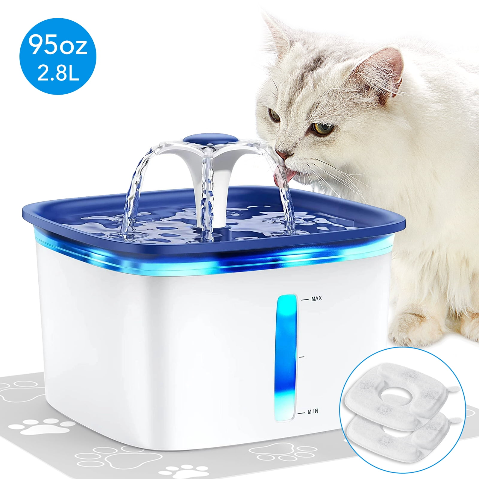 95oz/2.8L Pet Fountain, Cat Dog Water Fountain Dispenser with Smart Pump, White & Blue