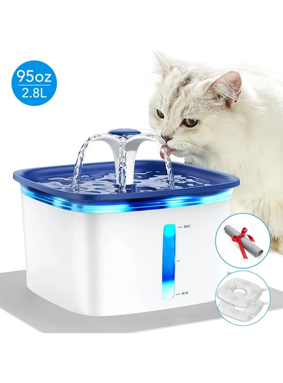 95oz/2.8L Pet Fountain with Anti-slip Mat, Cat Dog Water Fountain Dispenser with Smart Pump, White & Blue