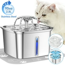 95oz/2.8L Stainless Steel Cat Water Fountain - Automatic Pet Water Dispenser for Cats, Dogs - Includes Replacement Filters & Silicone Mat, Electric Water Bowl for Multiple Pets, Silver