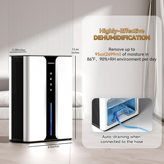 95oz Quiet Home Dehumidifier for 950 sq.ft, with Drain Hose & Reusable Filter