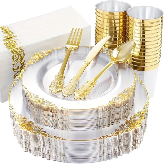 95pcs Transparent Golden Patterned Dinnerware Set, 30 Knives, Forks, And Spoons, 10 7.5-inch Dessert Plates, 10 10.25-inch Dinner Plates, 20 Cups, 25 Napkins