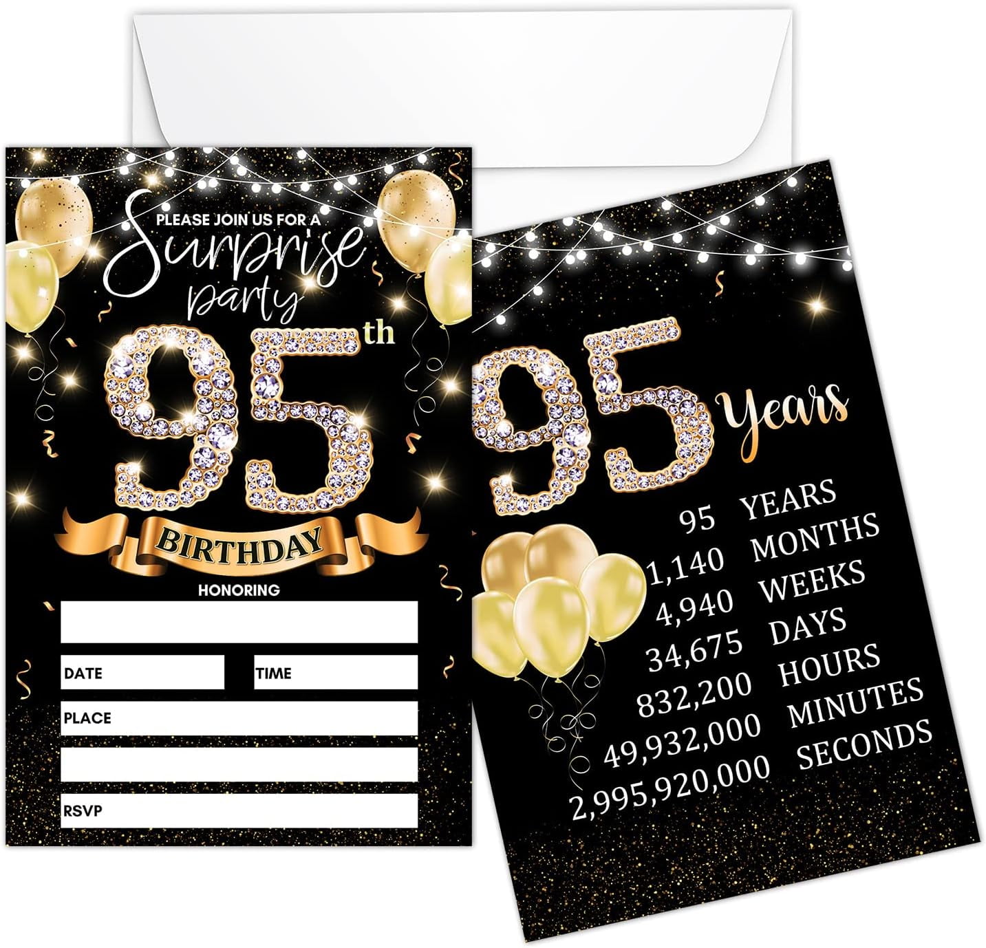 95th Birthday Party Invitation Card Black Gold DoubleSided Invites