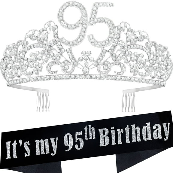 95th Birthday Sash and Tiara for Women - Fabulous Glitter Sash + Flowers Rhinestone Silver Premium Metal Tiara for Her, 95th Birthday Gifts for 95 Celebration