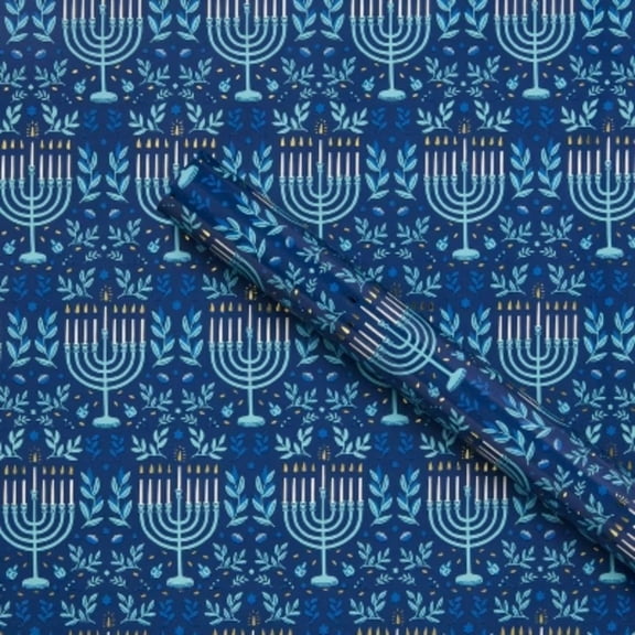 96"x30" Premium Elevated Hanukkah Menorah Gift Wrapping Paper Blue - Spritz