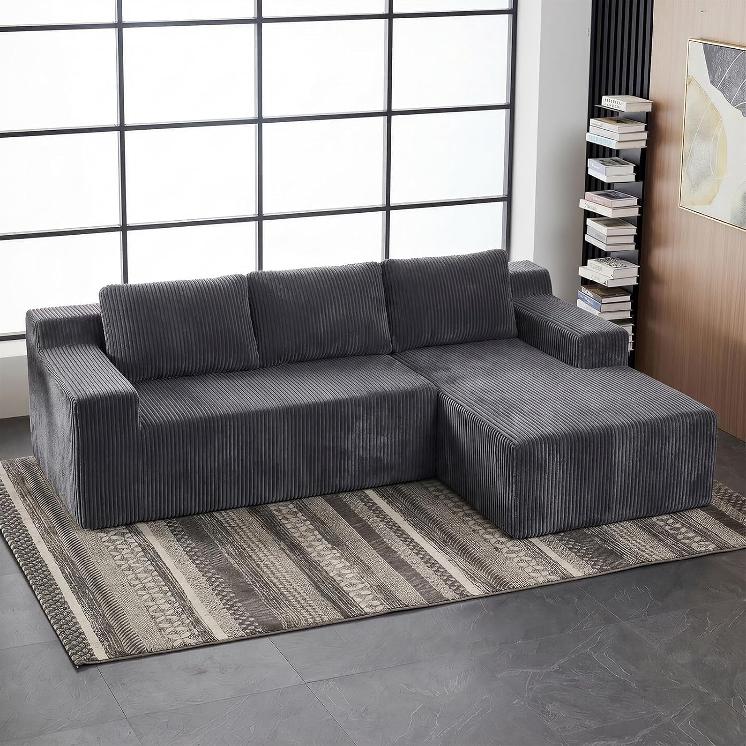 96.5" Corduroy Modular L Shaped Sectional Sofa for Living Room Bedroom, No Assembly, Grey