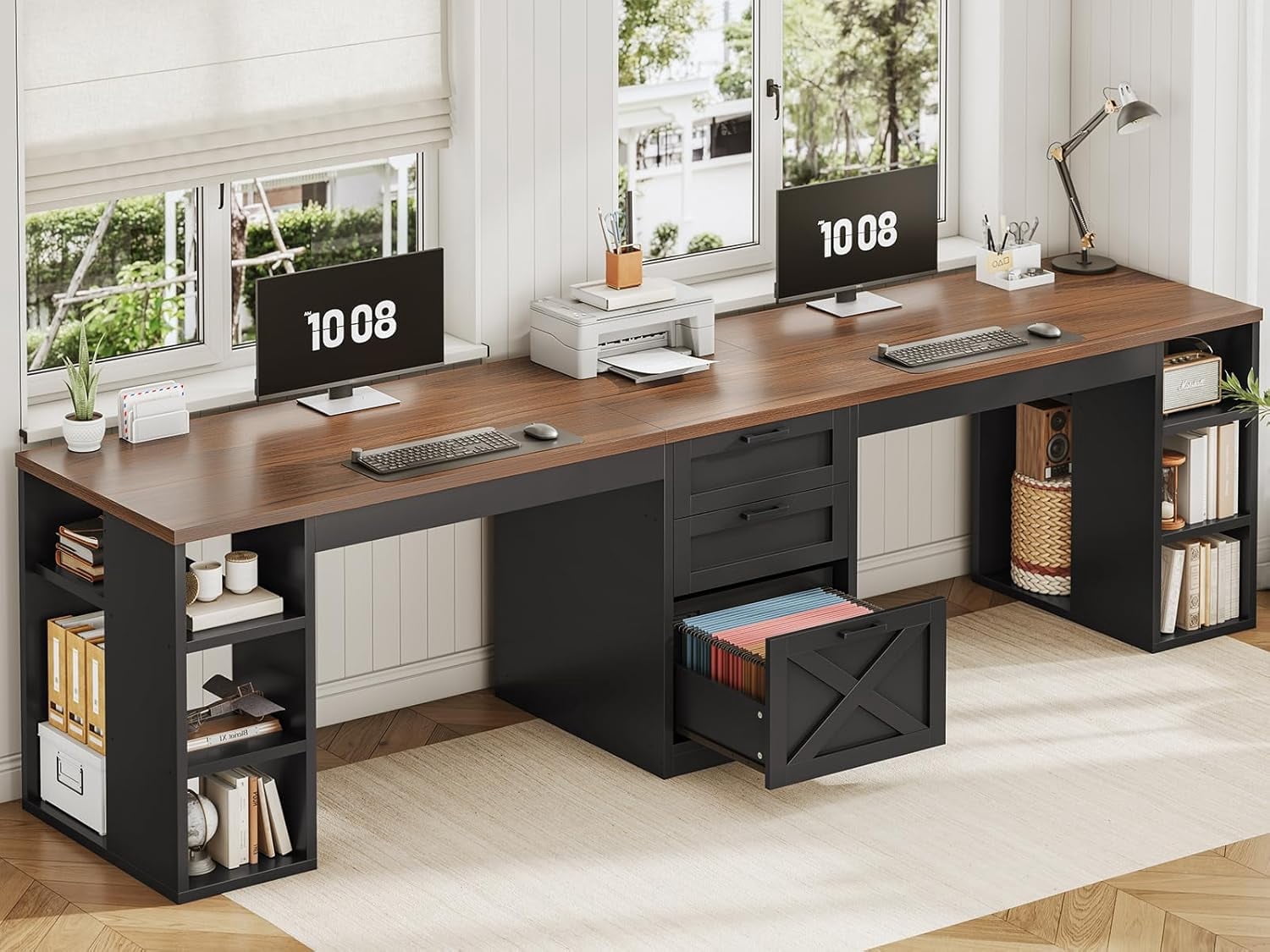 96.5 Inch 2 Person Desk with Storage, Farmhouse Double Desk with ...