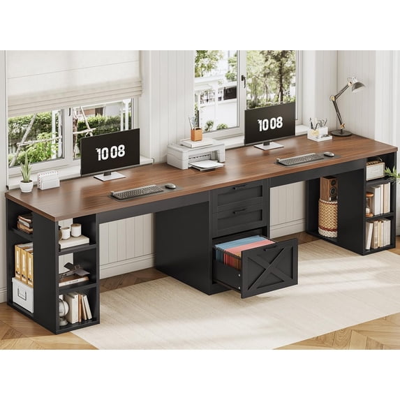 96.5 Inch 2 Person Desk with Storage, Farmhouse Double Desk with ...