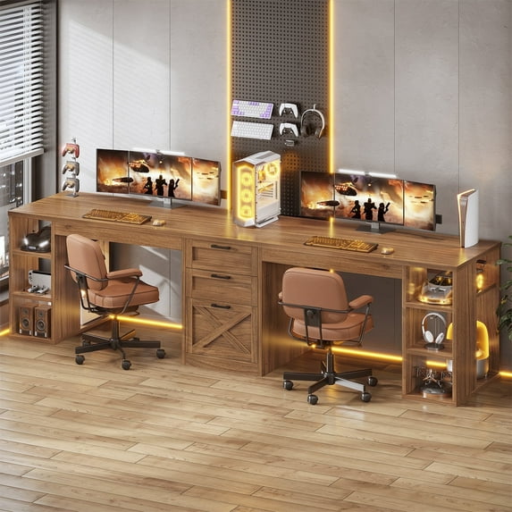 SEDETA 96.5 Inch 2 Person Desk with Storage, Farmhouse Double Desk with Drawers and Open Shelves, Home Office Desk with Printer Stand and File Drawer, Rustic Brown