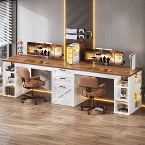 96.5 Inch 2 Person Desk with Storage, Farmhouse Double Desk with Drawers and Open Shelves, Home Office Desk with Printer Stand and File Drawer, White & Brown