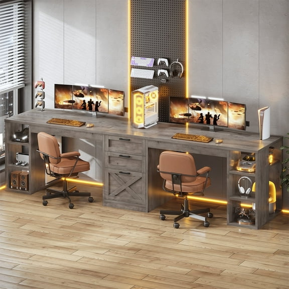 96.5 Inch 2 Person Desk with Storage, Farmhouse Double Desk with Drawers and Open Shelves, Home Office Desk with Printer Stand and File Drawer, Grey