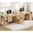thumbnail image 1 of 96.5-Inch Farmhouse Double Computer Desk with Drawers and Storage Shelves, 2-Person Home Office Desk, Oak, 1 of 7