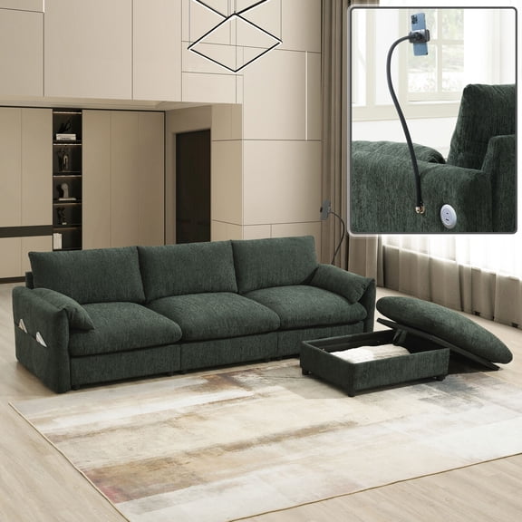 96.5'' L-Shaped Sectional Sofa with Storage Ottoman and Adjustable Phone Holder,Chenille Upholstered Modular Couch with USB Charger,Armrests and Side Pockets,4 Seater Sofa for Living Room,Green