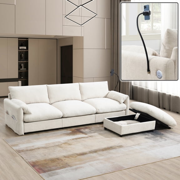 96.5" L-Shaped Sectional Sofa with Storage Ottoman and Pockets, Adjustable Phone Holder, USB Charger, Elephant Ear-Shaped Armrests, Comfy Seat for Living Room&Apartment, Chenille, 3 Colors No9294