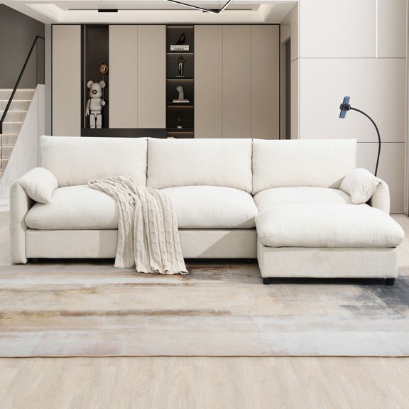 96.5" L-Shaped Sectional Sofa with Storage Ottoman and Pockets, Adjustable Phone Holder, USB Charger, Elephant Ear-Shaped Armrests, Comfy Seat for Living Room&Apartment (Beige)