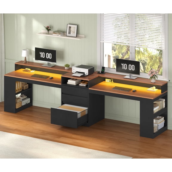96.6" Computer Desk with Drawers, 2 Person Desk with LED Lights & Power Outlet, Double Gaming Table with Monitor Stand and Printer Shelf for Home Office, Black