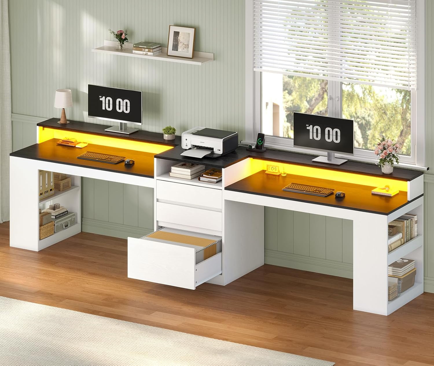 96.6 Inch 2 Person Desk with LED Lights and Power Outlet, Modern Long Computer Desk with File Drawers, Double Table for Home Office, White