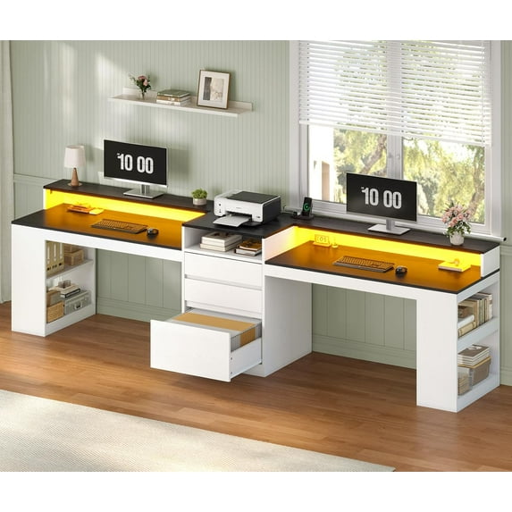 96.6 Inch 2 Person Desk with LED Lights and Power Outlet, Modern Long Computer Desk with File Drawers, Double Table for Home Office, White