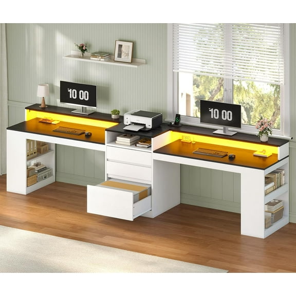 96.6" Long Computer Desk, 2 Person Desk with LED Lights & Power Outlet, Modern Two Person Gaming Desk with File Drawers, Monitor Stand, Printer Shelf Storage, Double Table for Home Office White