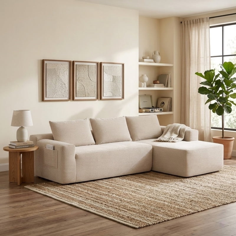 96.9'' Sectional Couches for Living Room, L Shaped Couch with Deep Seat & Throw Pillow, Comfy Corduroy Fabric Compressed Sofa, No Assembly Required