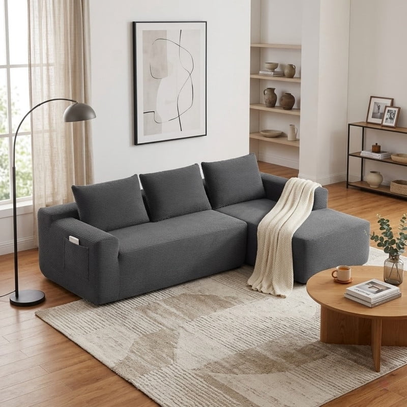 96.9'' Sectional Couches for Living Room, L Shaped Couch with Deep Seat & Throw Pillow, Comfy Corduroy Fabric Compressed Sofa, No Assembly Required