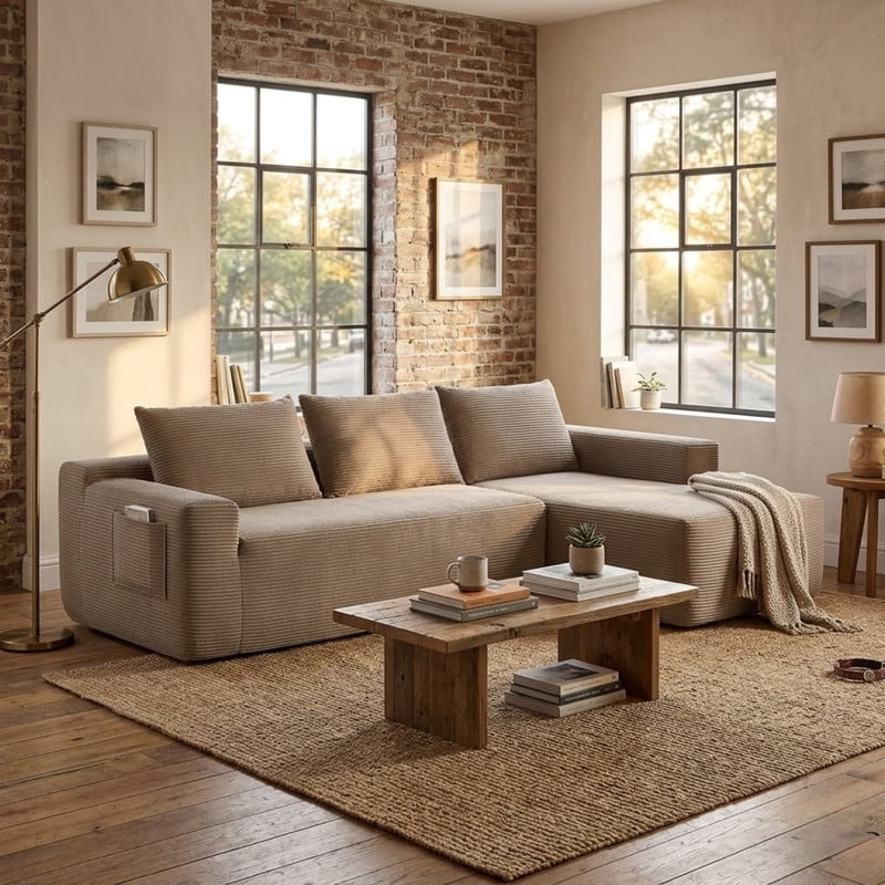 96.9'' Sectional Couches for Living Room, L Shaped Couch with Deep Seat & Throw Pillow, Comfy Corduroy Fabric Compressed Sofa, No Assembly Required