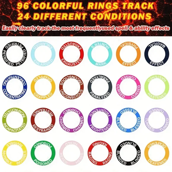 96 Acrylic Status Effect Rings and 24 Silicone RPG Markers with Storage Box, Perfect for Dungeons & Dragons (D&D) and All Tabletop RPGs